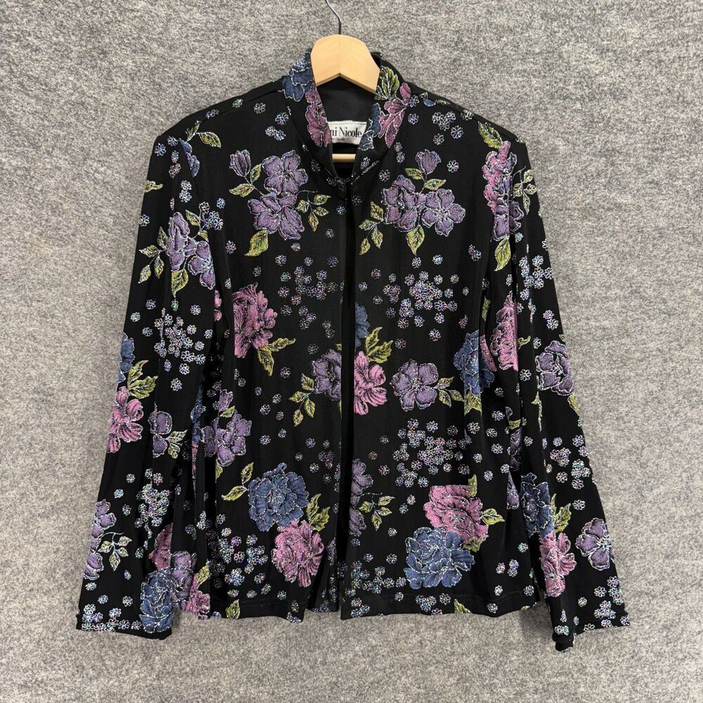 Ronni Nicole Top Women M Medium Black Floral Long Sleeve Open Front Casual